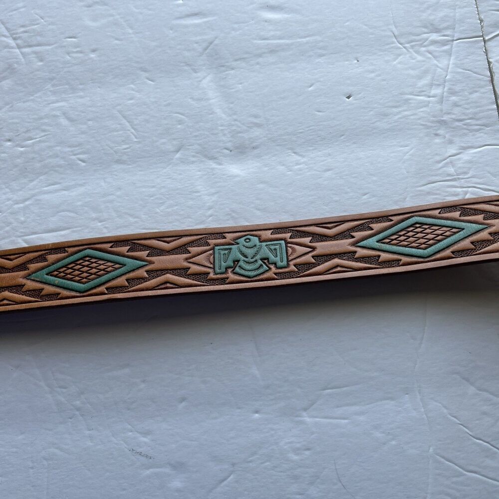 SEARS Brown Tooled Leather Belt Painted Western Aztec Southwest Buckle USA Sz 23 - Picture 3 of 10